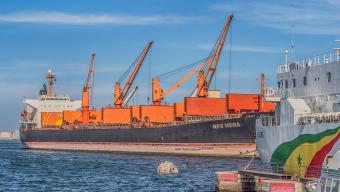 Big ship in port of Dakar in Senegal. Africa.