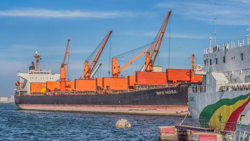Big ship in port of Dakar in Senegal. Africa.