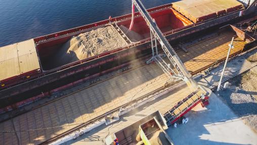 Grain being loaded onto a ship at a Ukrainian port