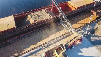 Grain being loaded onto a ship at a Ukrainian port