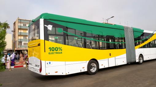 Dakar, Senegal, Africa, April 2023, an electric bus in the Senegalese capital on National Day