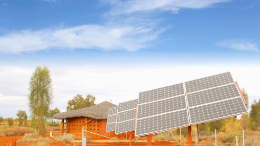 Solar panels, sun energy and electricity generation in desert, Africa.