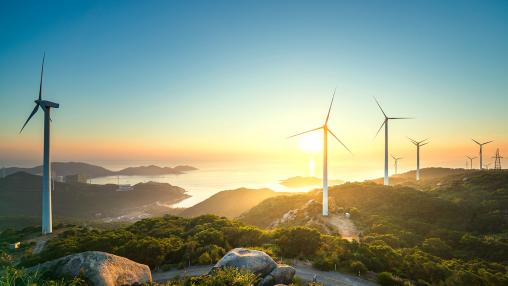 wind turbines sunset water