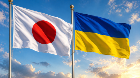 Two national flags—the flag of Japan with a red circle on a white background and the flag of Ukraine with blue and yellow horizontal bands—flying side by side on flagpoles against a blue sky with scattered clouds.