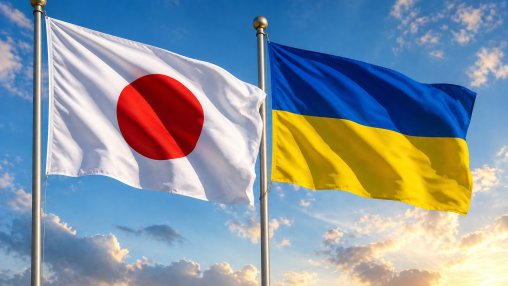 Two national flags—the flag of Japan with a red circle on a white background and the flag of Ukraine with blue and yellow horizontal bands—flying side by side on flagpoles against a blue sky with scattered clouds.