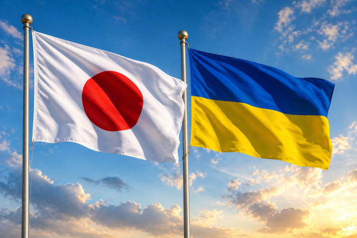 Two national flags—the flag of Japan with a red circle on a white background and the flag of Ukraine with blue and yellow horizontal bands—flying side by side on flagpoles against a blue sky with scattered clouds.